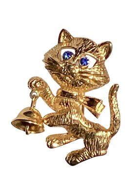 1974 Avon Frisky Kitty Cat Brooch Goldtone with Bell & Blue Rhinestone Eyes